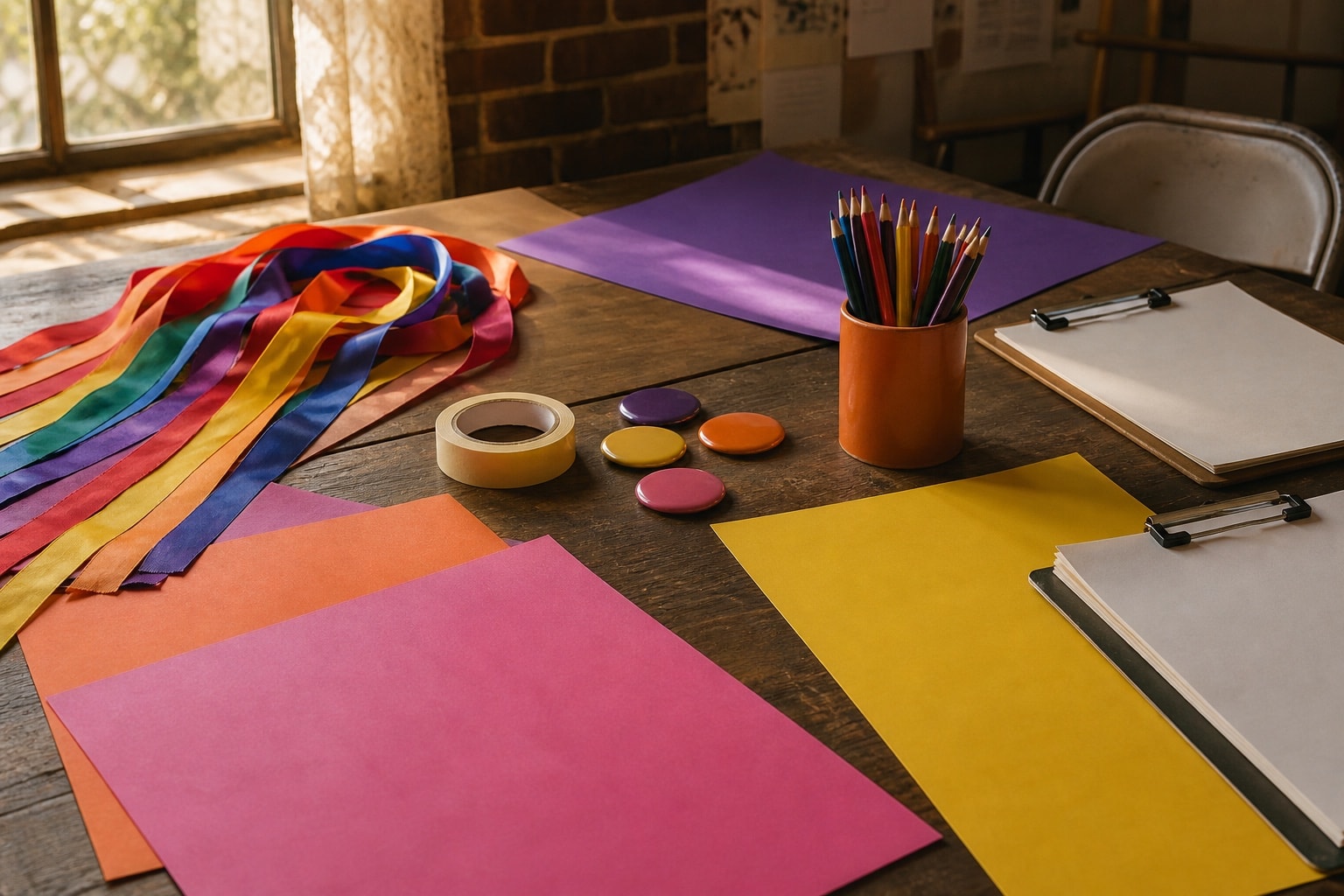 A community planning table with blank posters, ribbons, and art supplies