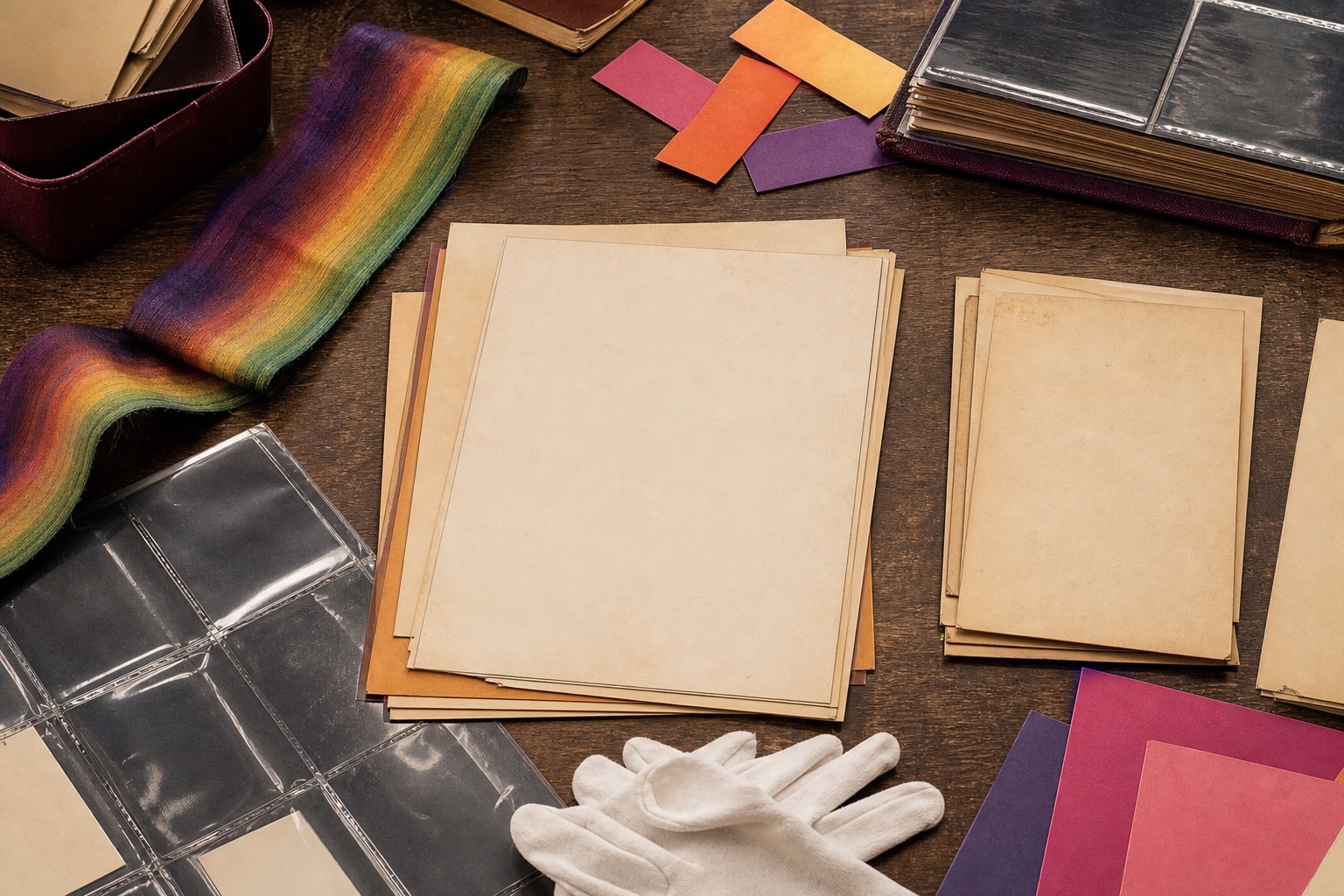 An archival research table with blank flyers, photo sleeves, and rainbow ribbon