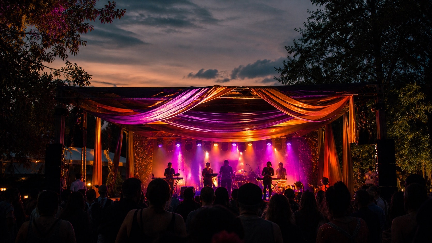 A small outdoor Pride arts stage with colorful fabric streamers at dusk