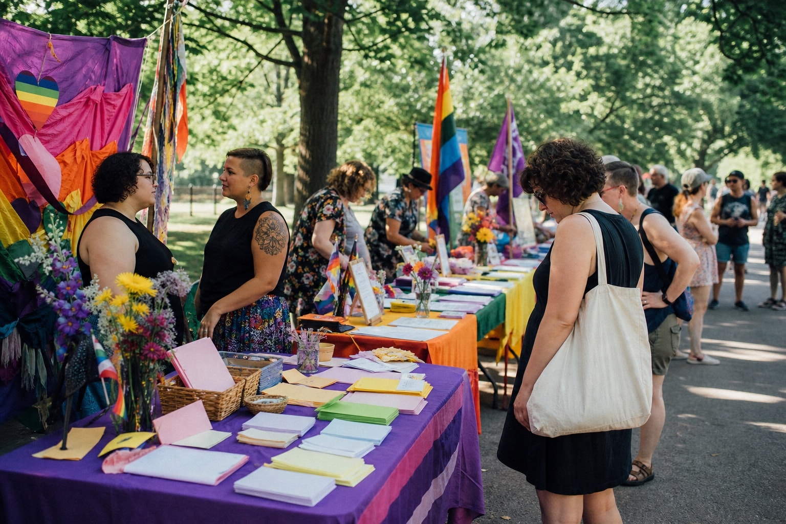 Colorful community information tables at an outdoor Pride gathering