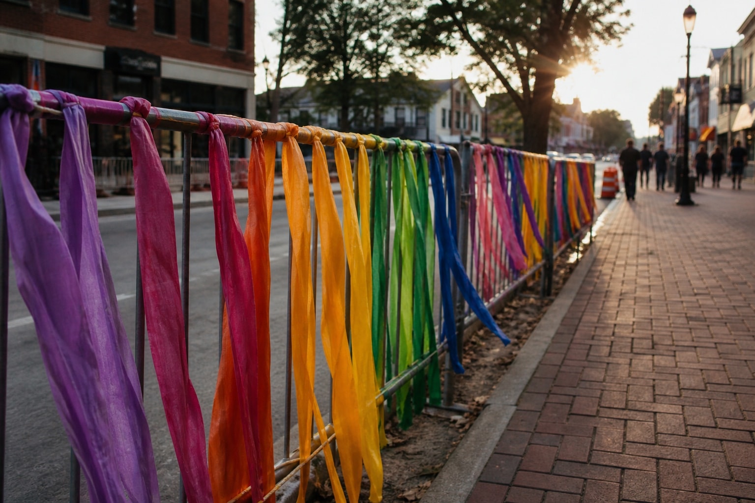 Rainbow fabric ribbons along a downtown street after a community march
