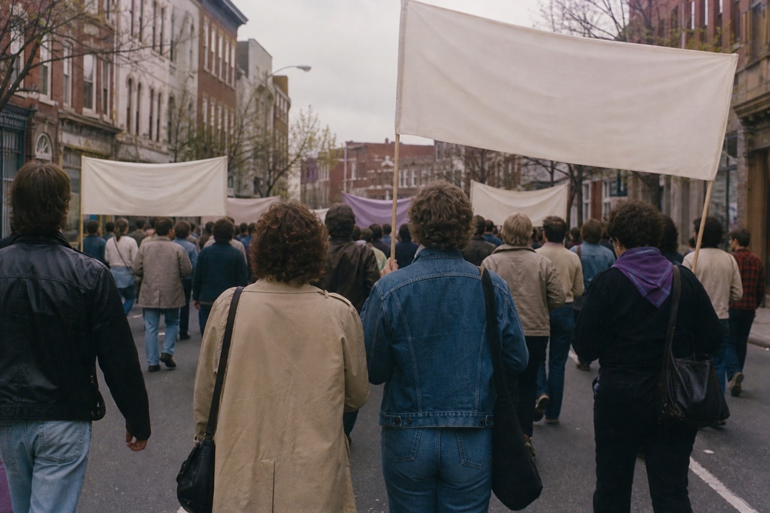 Marchers walking together along a New England main street in an archival style scene