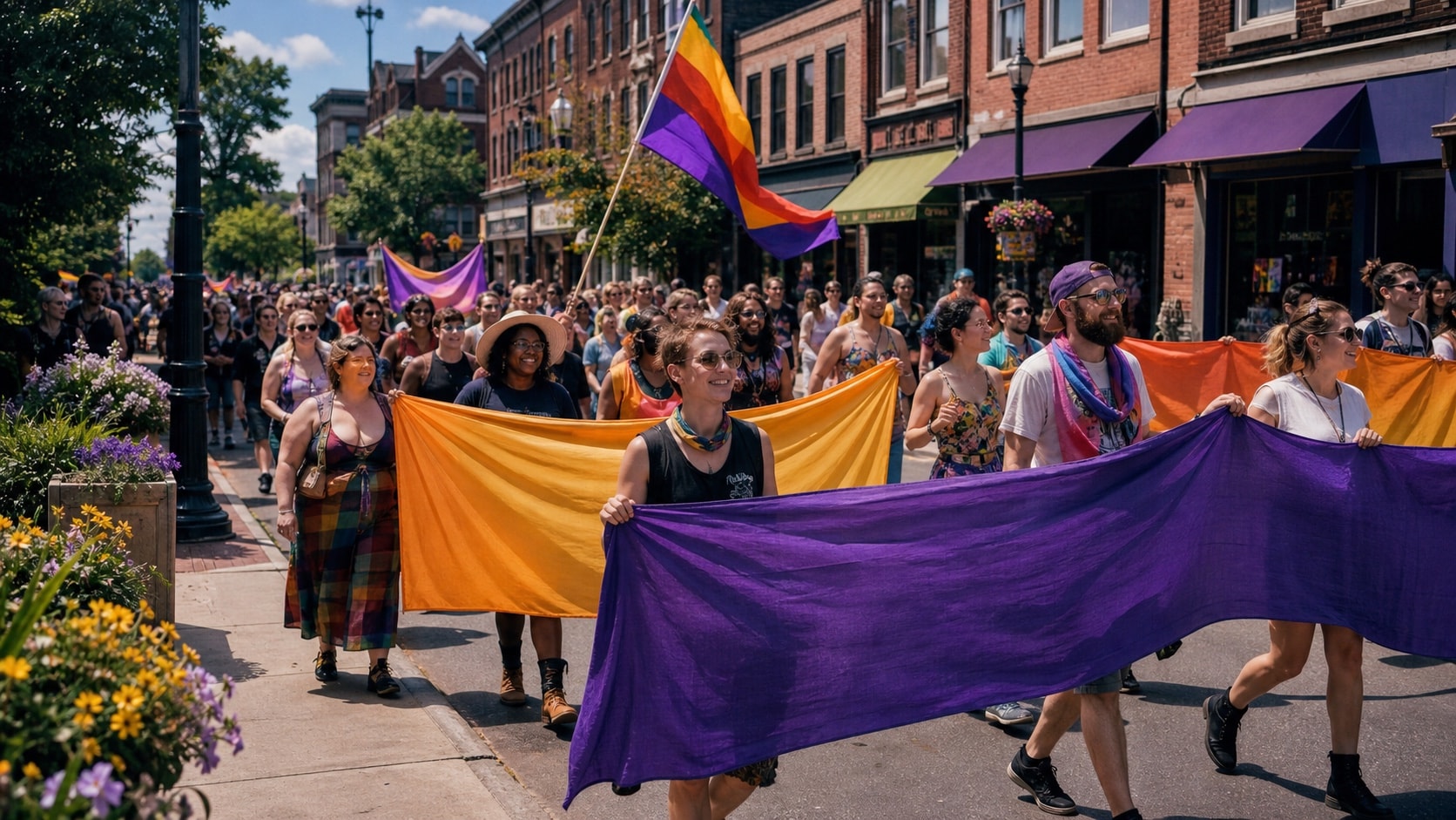 A colorful community Pride march moving through a New England downtown
