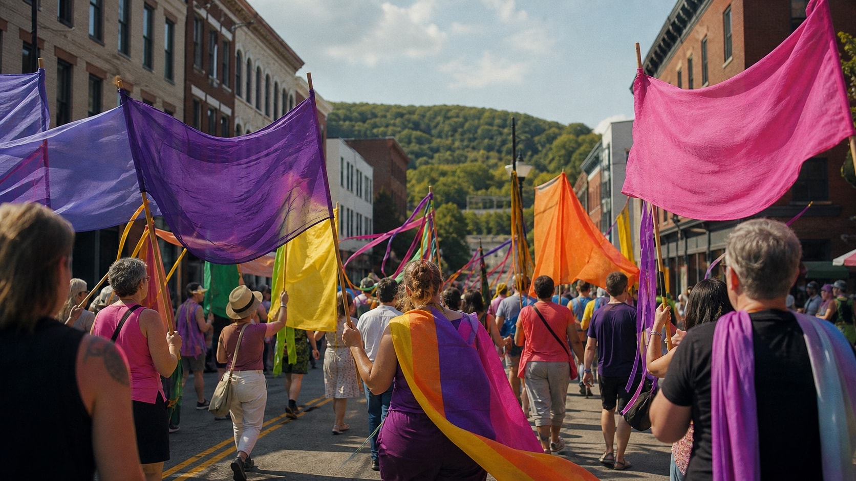 A community Pride procession carrying colorful blank banners through downtown
