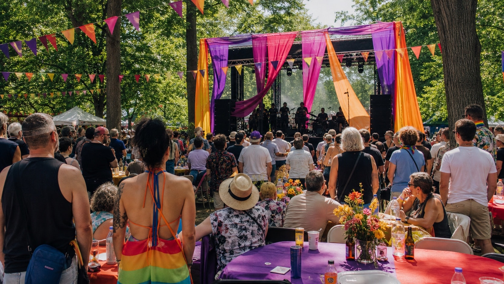 An open-air Pride rally with a small stage and community tables