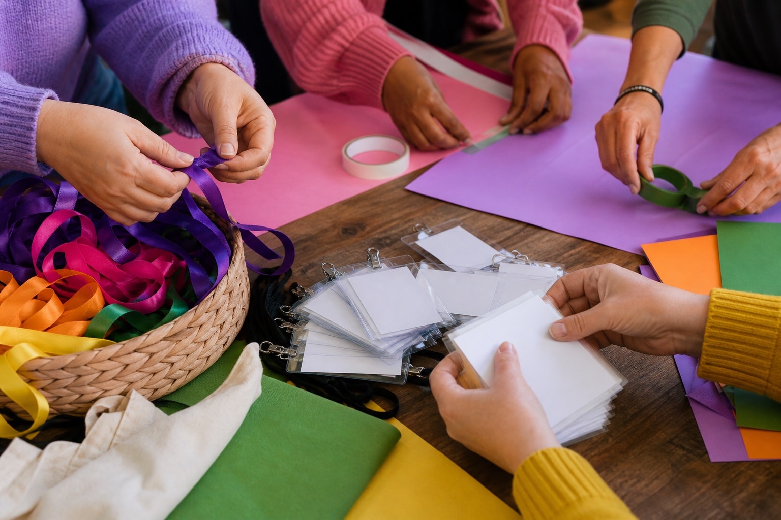 Volunteers assembling ribbons, blank badges, and posters at a worktable